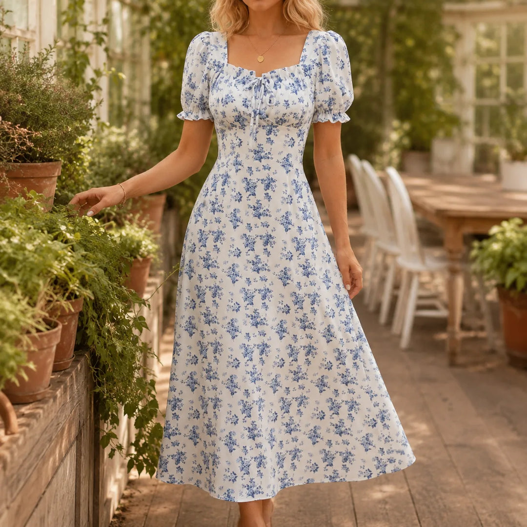 Maevra – Floral Midi Dress with Tie-Front Square Neckline