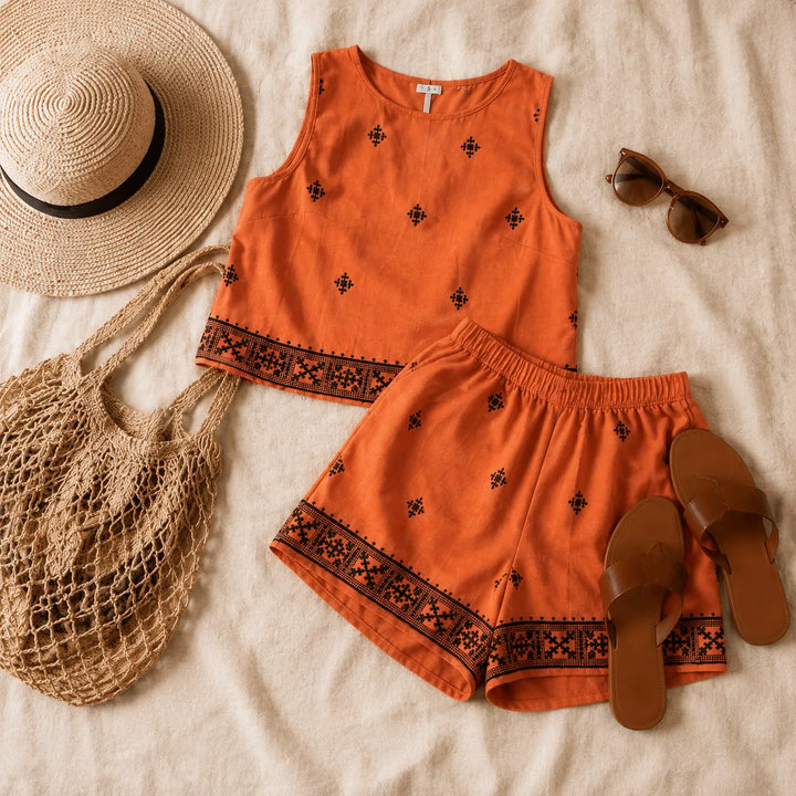 Solara – Embroidered Border Boho Two-Piece Set, Sleeveless Top & High-Waisted Shorts