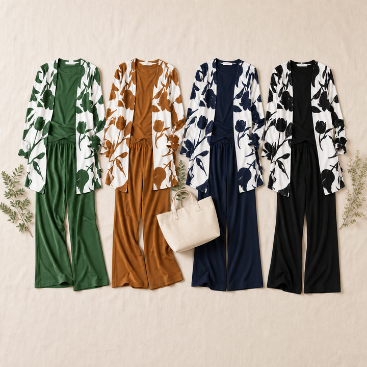 Brenda™ – Women's 3 Piece Set with Floral Cardigan, Scoop Top and Wide Leg Trousers