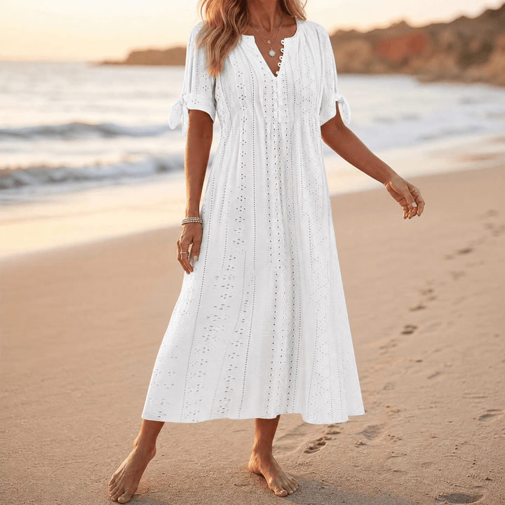 Florenza – Women's Eyelet Midi Dress with Tie-Bow Sleeves