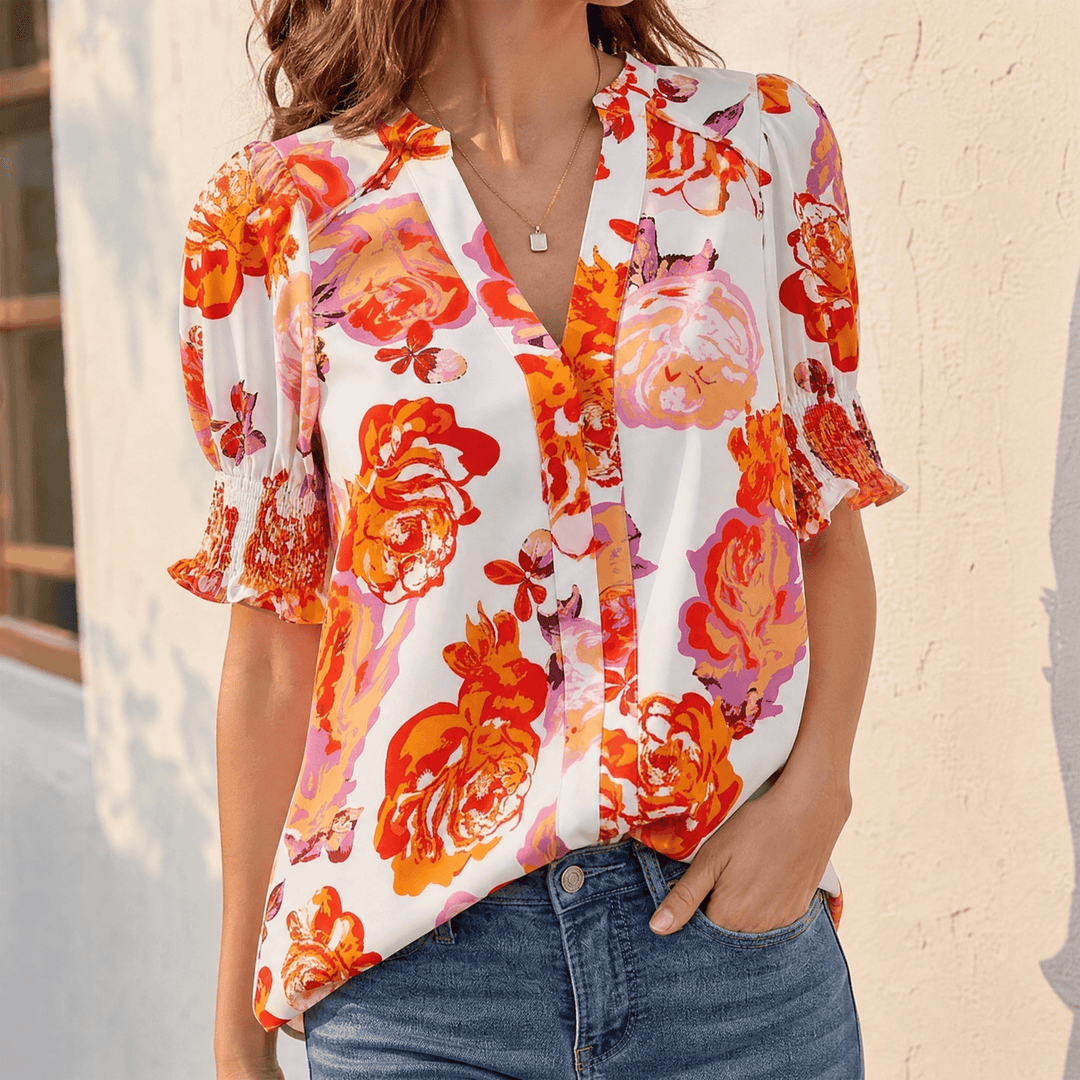 Florenza – Women's Floral Puff Sleeve V-Neck Blouse