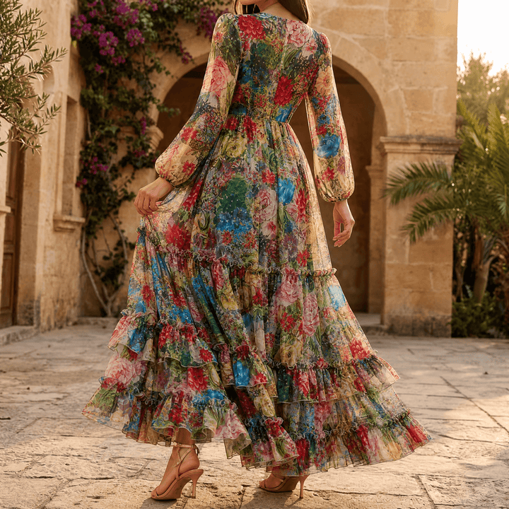 Floressa – Women's Tiered Floral Maxi Dress with Lantern Sleeves