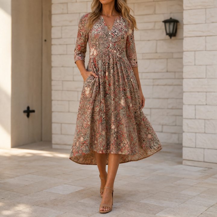 Lirenne – Women's Flattering Floral Midi Dress with Pockets