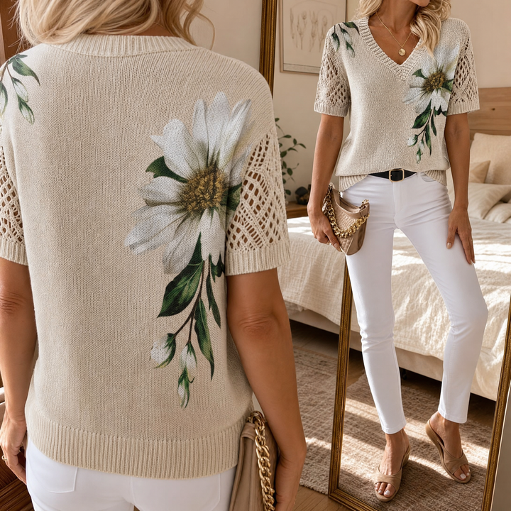 Rosavelle – Women's Floral Crochet-Sleeve Knit Top