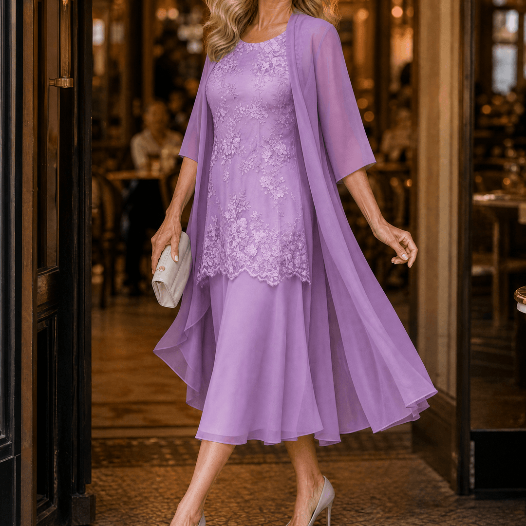 Lunavia – Women's Floral Lace Dress Set with Chiffon Shawl