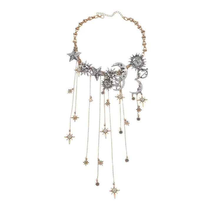 Celestra - Cascading Sun Moon & Star Fringe Necklace