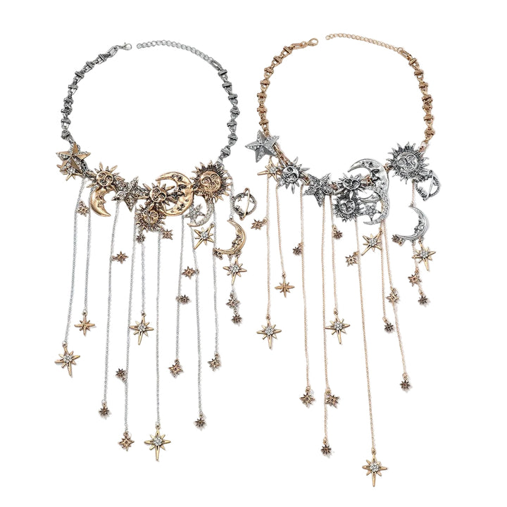 Celestra - Cascading Sun Moon & Star Fringe Necklace