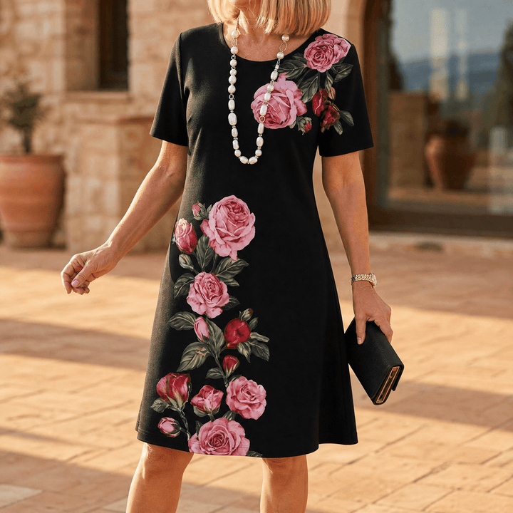 Rosella – Women's Rose Print A-Line Midi Dress