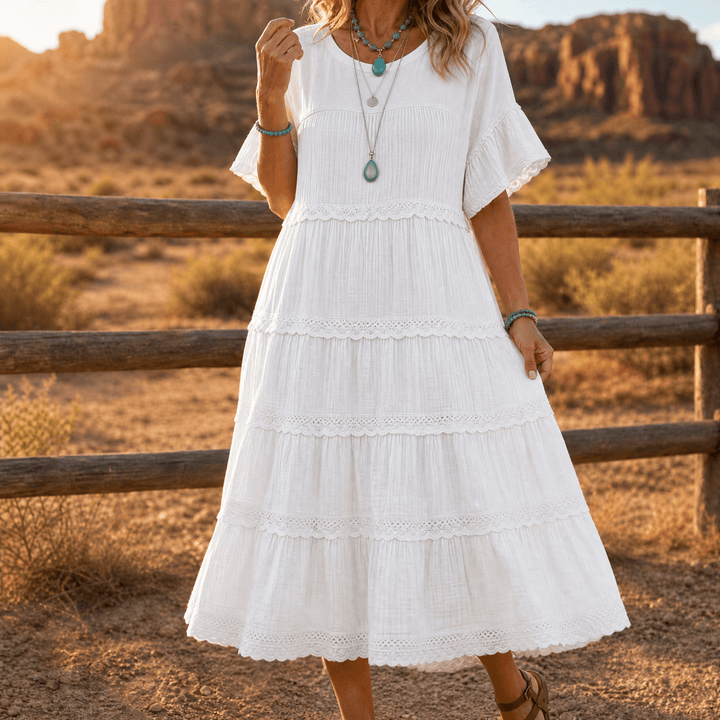 Sundara – Women's Tiered Lace Midi Dress with Hidden Pockets