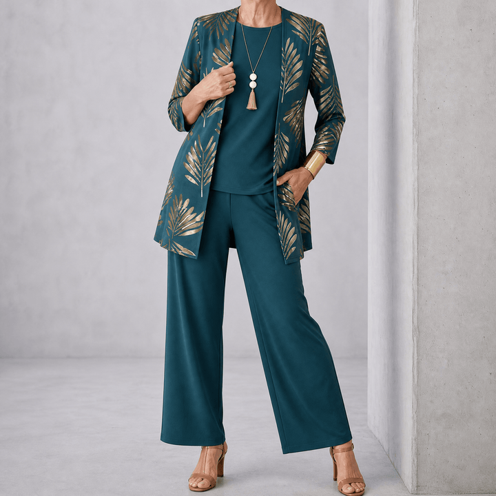 Trielle – Women's 3-Piece Printed Pantsuit Set, Duster, Shell and Wide-Leg Pants