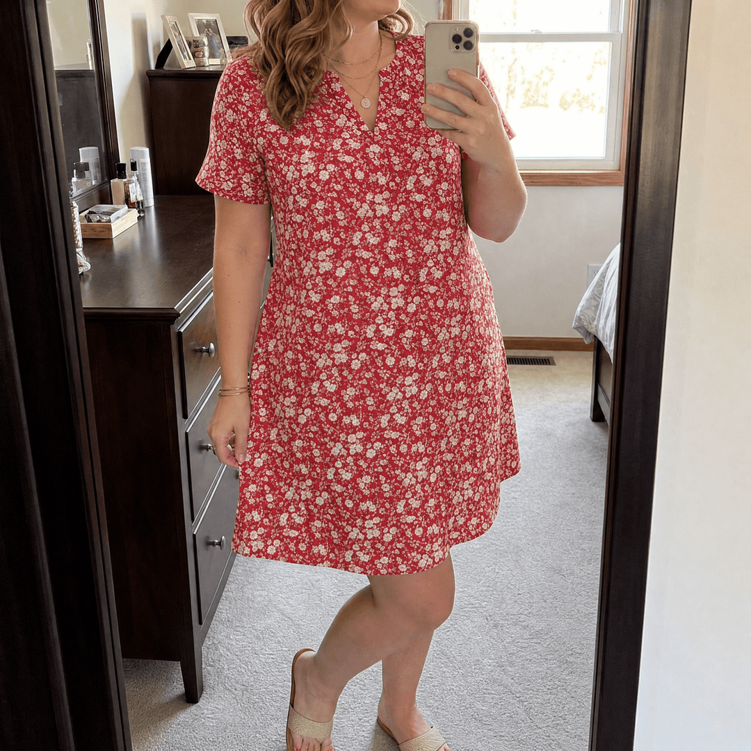 Veluna – Women's V-Neck Floral Dress with Pockets